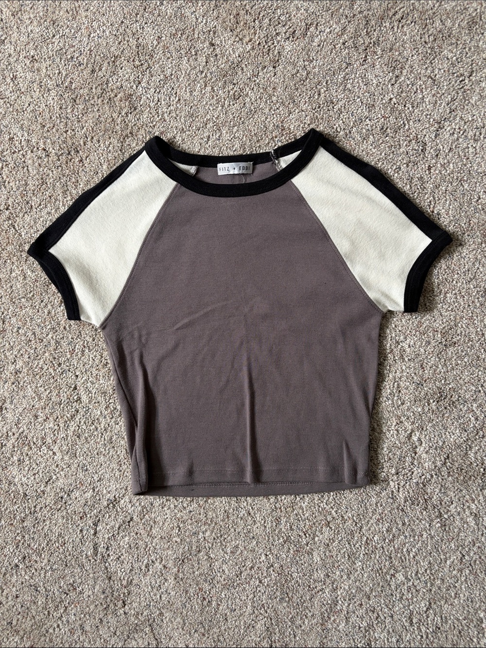 Wilfred Taupe Crop Top with Ivory Raglan Sleeves and Black Trim